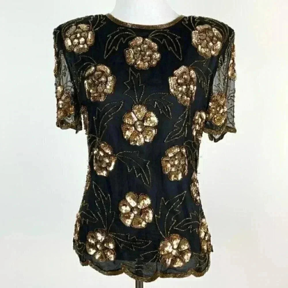 Vtg Stenay top size 6 black gold 100% silk sequins